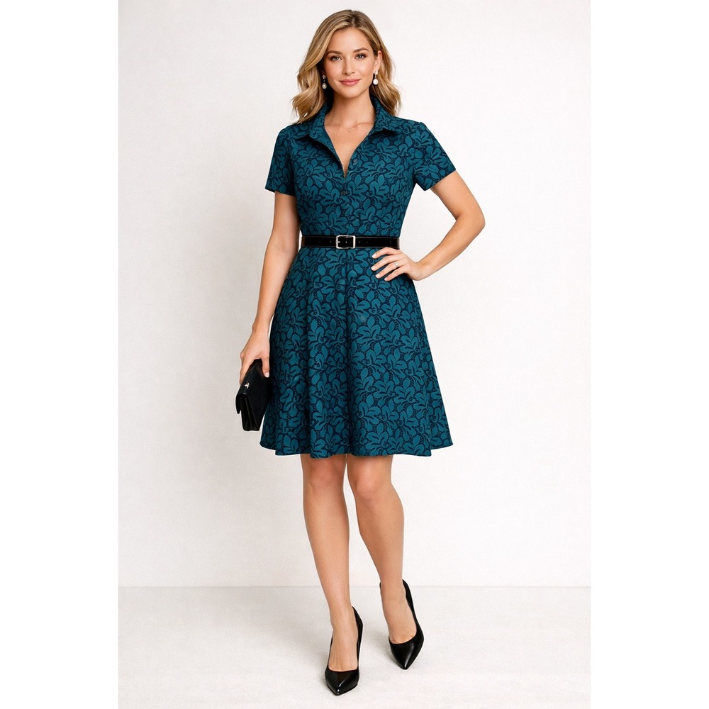 Ann Taylor Teal Floral Dress Size 6 Fit Flare Short Sleeve Cocktail Work